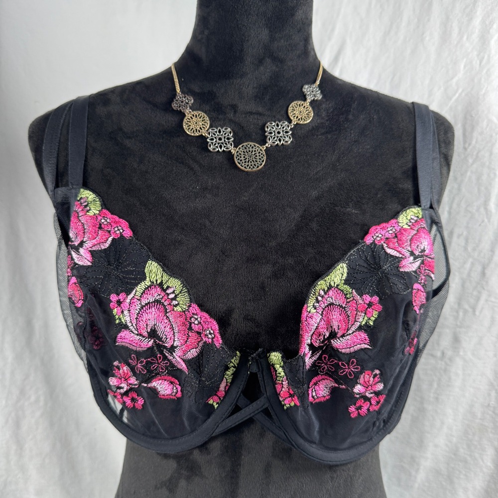 Women's Adored‎ by Adore Me Black Floral Embroidered Mesh Unlined Bra 40D 40049